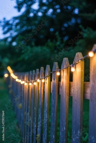 Obraz String Lights on Wooden Fence at Dusk