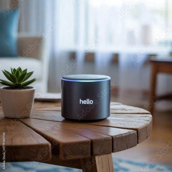 Obraz Smart Speaker with "Hello" Display on Wooden Table