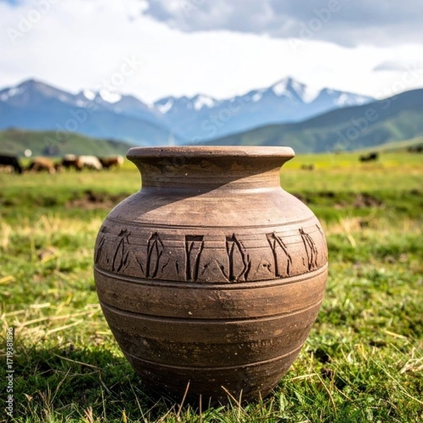 Obraz Earthenware pot, carved designs, meadow, mountains