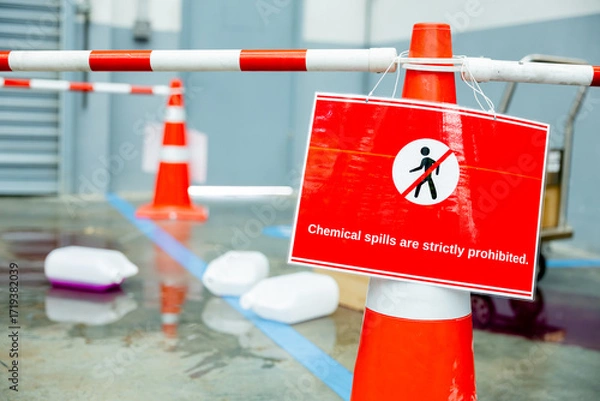 Obraz Chemical Spill Warning Sign and Safety Barrier on Wet Factory Floor
