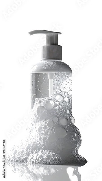 Fototapeta White pump bottle with foamy lather, partially submerged on reflective surface, against black background