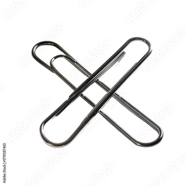 Fototapeta Two metallic paperclips interlocked forming an 'X' shape against a black background