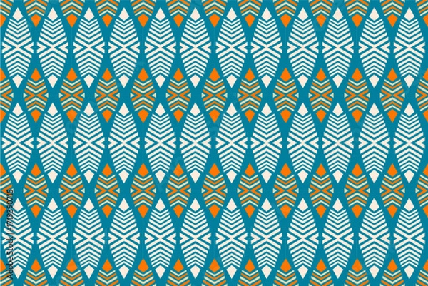 Fototapeta Colorful geometric ethnic seamless pattern with traditional tribal ornaments in orange, teal, and white. Perfect for textile design, fabric prints, wallpapers, and decorative backgrounds.