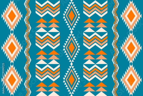 Fototapeta Colorful geometric ethnic seamless pattern with traditional tribal ornaments in orange, teal, and white. Perfect for textile design, fabric prints, wallpapers, and decorative backgrounds.