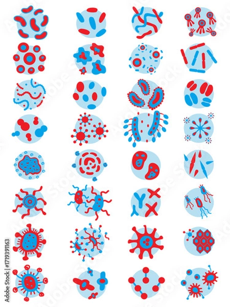 Fototapeta Set of 32 Microorganism Icons Bacteria, Virus, Cell, Microbiology Vector Pack