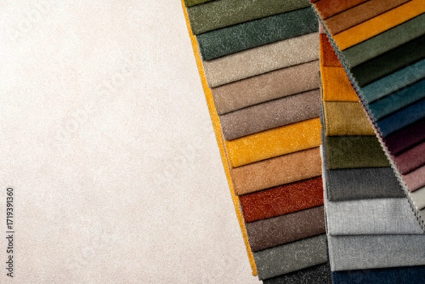 Fototapeta Colorful fabric swatches for custom furniture and upholstery, textile samples for interior design, home decoration and creative style selection. Background with copy space.
