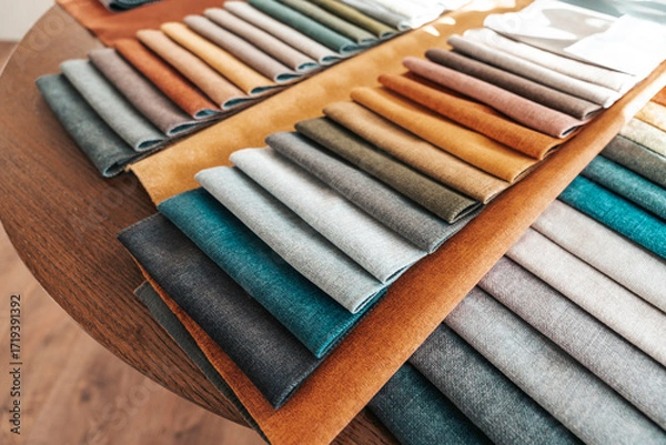 Fototapeta Fabric samples for custom furniture and interior design, textile swatches for choosing upholstery color, texture and material in modern home decoration.