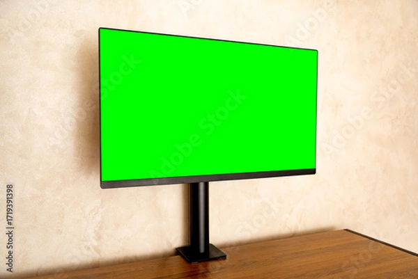 Fototapeta Computer monitor with green screen on wooden desk in modern interior, perfect for mockup design, creative projects and digital workspace visualization.