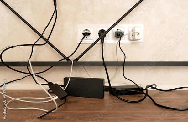 Fototapeta Workplace organization. Messy cables and wires under desk in home office interior, symbolizing electricity connection, technology and disorganized workspace.