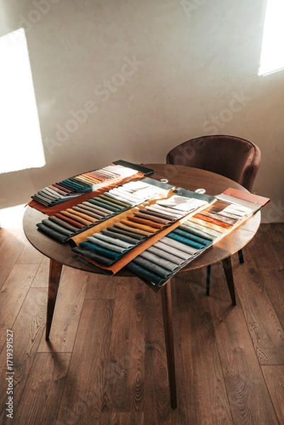 Fototapeta Fabric samples on table for custom furniture and interior design, textile swatches for upholstery, home decoration and furniture customization. Vertical photography.