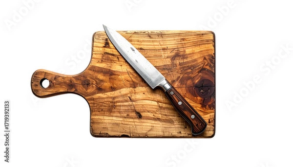 Fototapeta Rustic Cutting Board with Knife isolated on solid white background Png