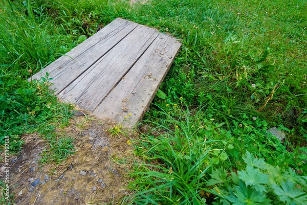 Fototapeta very small bridge made of planks on a green lawn, close view