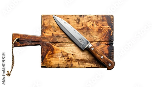 Fototapeta Rustic Cutting Board with Knife isolated on solid white background in Png