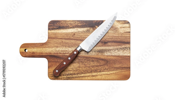 Fototapeta Rustic Cutting Board with Knife isolated on solid white background Png form