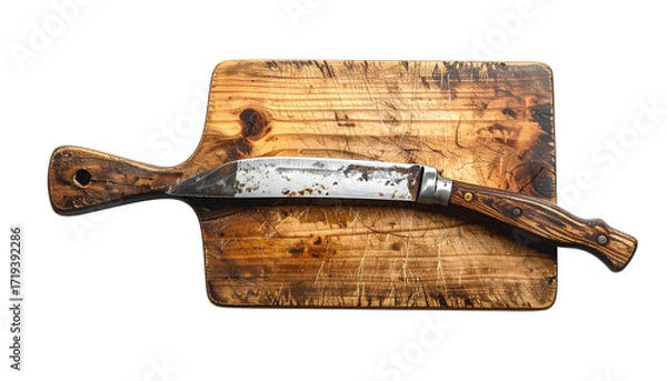 Fototapeta Rustic Cutting Board with Knife isolated on solid white background