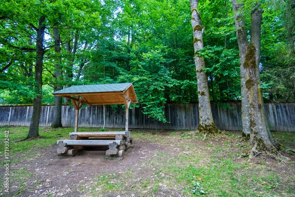 Fototapeta recreation area in a forest, gazebo with a bench and table in the middle of a forest in a clearing