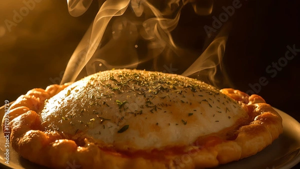 Fototapeta Hot baked pizza with melting cheese and rising steam in warm golden light