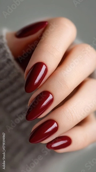 Fototapeta Close-up of female hand with deep red manicure on gray background