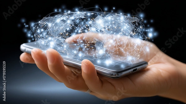 Fototapeta The image shows a hand holding a smartphone with a glowing holographic projection of the world map above it. Bright interconnected lines and illuminated points represent a global digital network, symb