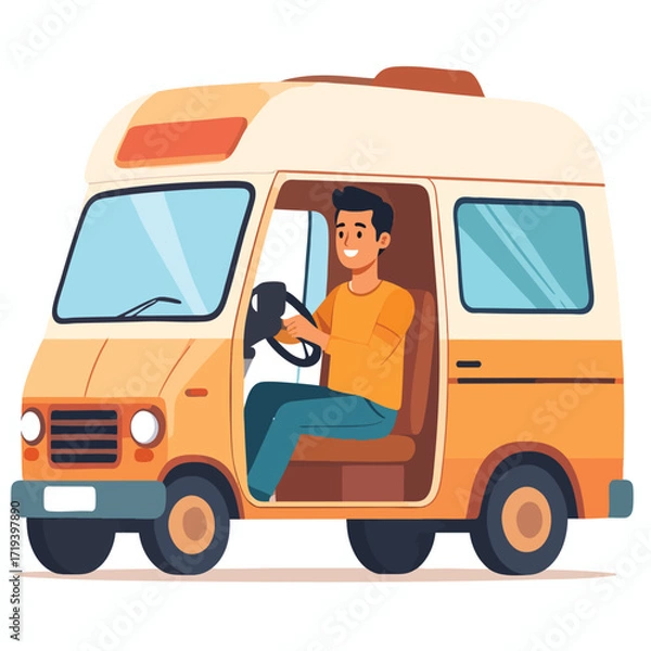 Fototapeta A smiling man driving a yellow and white camper van, holding the steering wheel and looking forward.