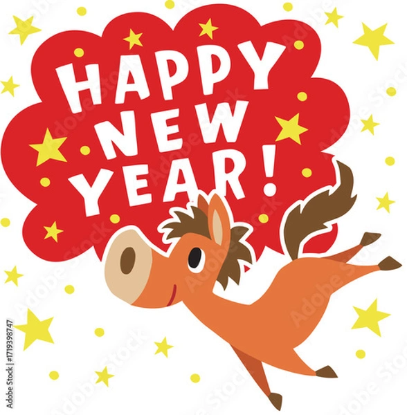 Obraz 手描きのゆるい午年キャラクター(年賀、干支、Happy New Year、星)