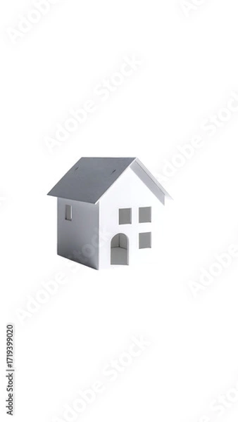 Fototapeta Simple white miniature house model, minimalist design, cut-out windows and door