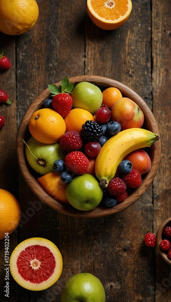 Fototapeta Photorealistic Rustic Fruit Bowl – Fresh Mixed Fruits with Vibrant Colors on Wooden Table