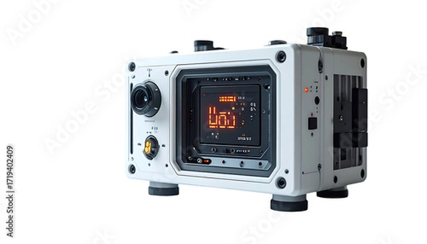 Fototapeta Off-white, rugged camera body with digital display, lens, and various ports and mounts