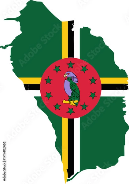 Fototapeta Silhouette map of Dominica with national flag colors and emblem