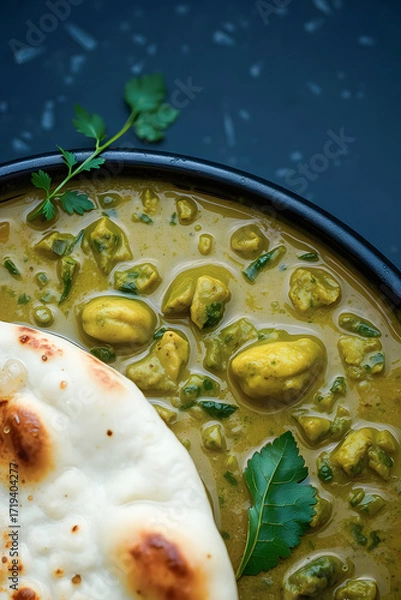 Fototapeta a vibrant bowl of rich, yellow-green curry with tender chicken pieces and fresh cilantro, served alongside a piece of fluffy, charred naan bread, perfect for a hearty meal.