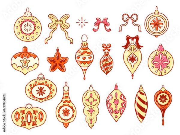 Fototapeta A collection of Christmas tree ornaments, featuring yellow glass balls and red patterned bubbles. This set of 19 vector elements provides seasonal holiday design in an Art Deco style.