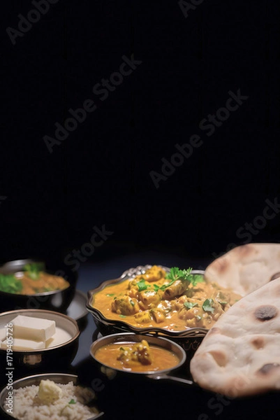 Fototapeta a lavish spread of Indian dishes, including a rich chicken curry, a side of dal, a bowl of rice with a pat of butter, and fresh naan bread, all set against a dark background.