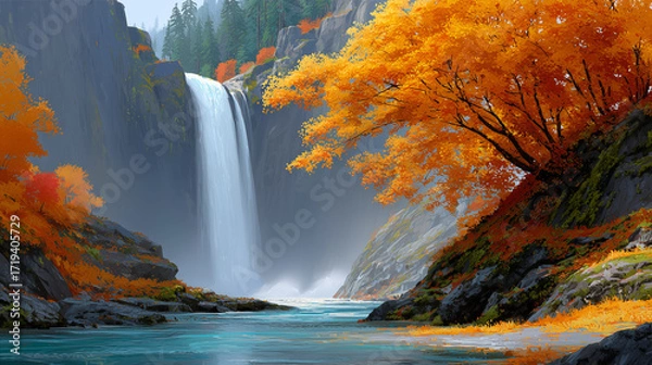 Fototapeta The image depicts a breathtaking waterfall cascading down a steep cliff into a clear turquoise river, surrounded by vibrant autumn trees with fiery orange and red leaves, creating a striking contrast 