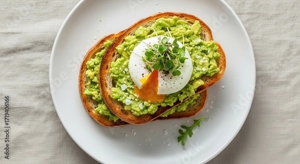 Fototapeta Avocado Toast with Poached Egg and Microgreens on White Plate