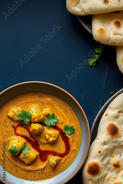 Fototapeta a close-up, top-down view of a bowl of golden-orange curry with chicken pieces and a vibrant red swirl, garnished with fresh cilantro, and accompanied by soft naan bread.