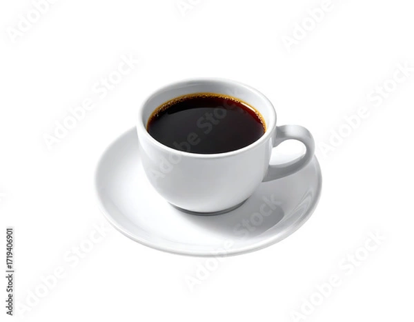 Fototapeta A single serving of dark, hot coffee in a small, white cup and saucer, set against a black background