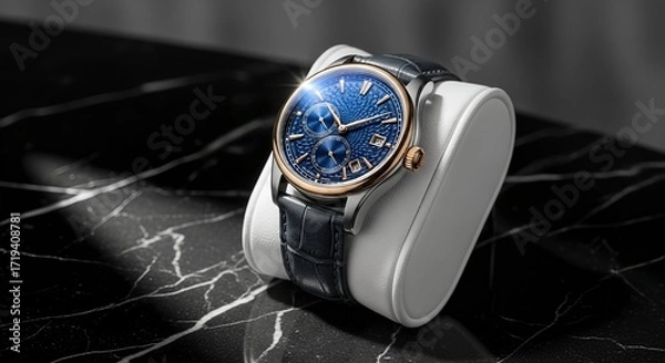 Obraz Luxury Blue Dial Watch with Leather Strap on White Stand