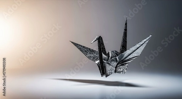 Fototapeta Tech Circuit Origami Crane Floating with Shadow