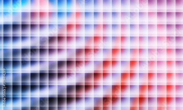 Fototapeta Vibrant Gradient Mosaic of Colored Squares: A Long-Form Abstract Grid Texture with Soft Blurred Edges in Blues, Pinks, and Reds for High-Impact Adobe Stock Backgrounds and Digital Design Projects
