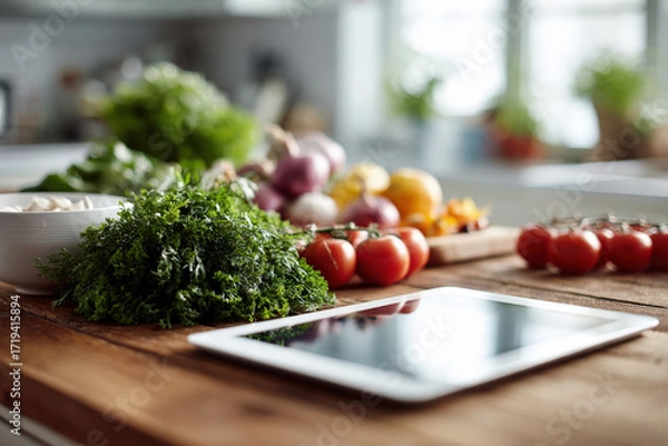 Fototapeta sleek tablet displaying augmented reality recipe on clean kitchen table