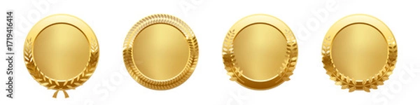 Fototapeta Set of gold medals with laurel decorations. Blank golden badges for awards, achievements, or certificates. Elegant circular frames for winner. Realistic vector illustration.