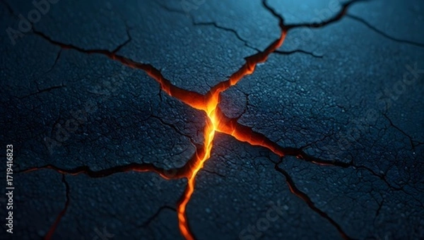 Fototapeta Cracked earth with glowing fissures and dark surface texture detail abstract design