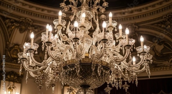 Obraz An ornate crystal chandelier with numerous lit bulbs hangs from a richly decorated ceiling featuring intricate gilded architectural moldings