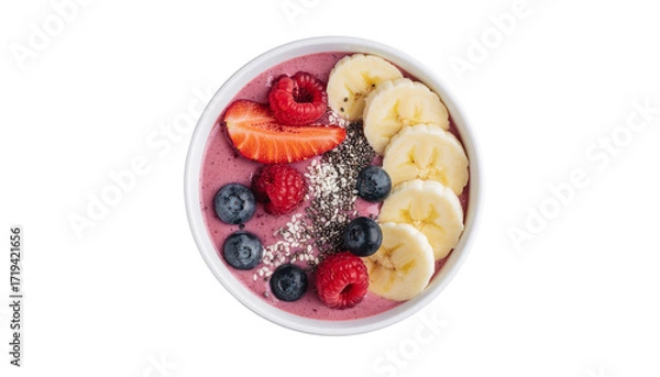 Fototapeta Fruit Smoothie Bowl with Fresh Toppings isolated on solid white background in Png form