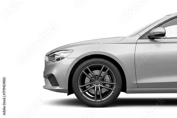 Fototapeta Sleek silver sedan with modern design features, showcasing a stylish profile and elegant wheel, perfect for automotive enthusiasts and design inspiration