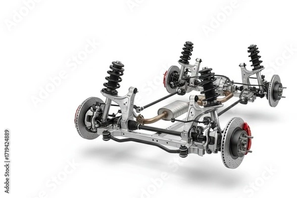 Fototapeta Automotive suspension system with detailed components including shock absorbers, springs, and brake discs, showcasing engineering precision and mechanical design in a clean environment