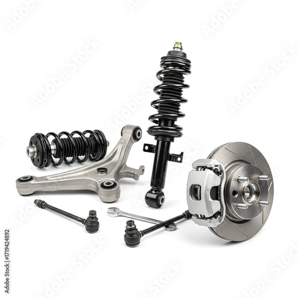 Fototapeta Automotive suspension components including shock absorber, control arm, brake disc, and ball joints arranged on a clean surface, showcasing essential parts for vehicle performance