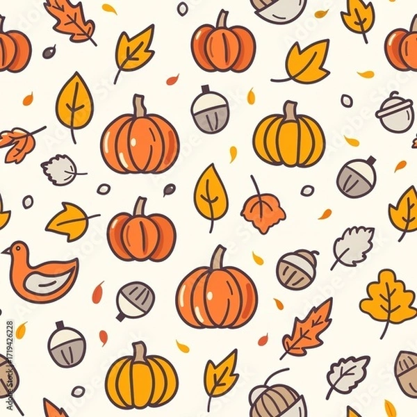 Obraz Playful Hand Drawn Doodle Pumpkins and Autumn Leaves Seamless Pattern