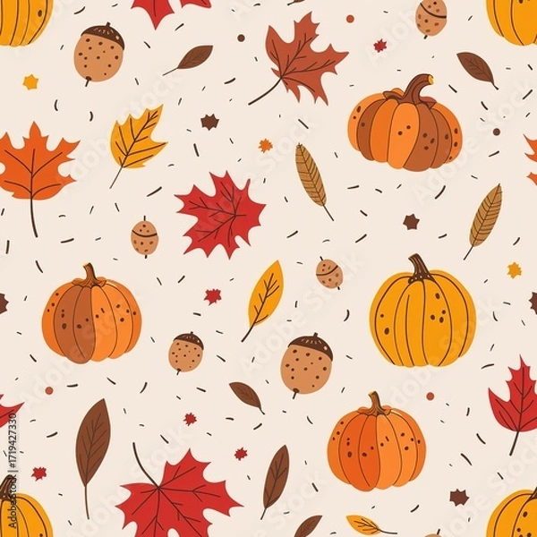 Obraz Hand Drawn Pumpkins and Maple Leaves Seamless Autumn Background