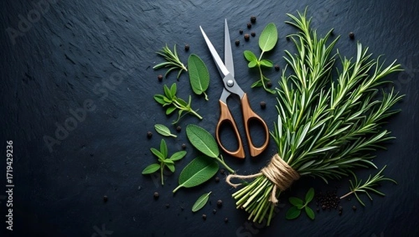 Fototapeta Fresh herbs and scissors on a dark background with natural light and soft shadows